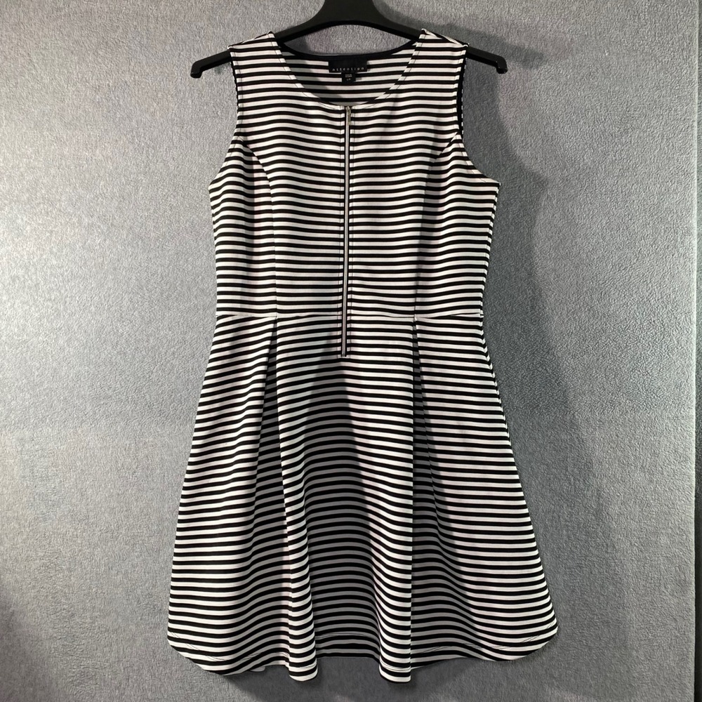 Attention Striped Fit & Flare Dress Women's L Black‎ White Zip Front  Summer EUC